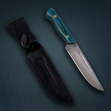 Нож ЦМ «Бекас» нержавеющая дамасская сталь, микарта зелено-синяя