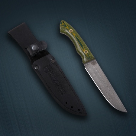 Нож ЦМ «Лиса» нержавеющая дамасская сталь, микарта зелена-желтая