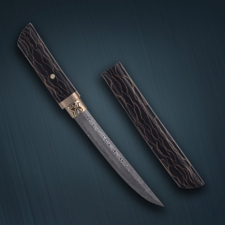 Нож Айкути, дамасская сталь ZDI-1016, композит с бронзовой микросеткой волны
