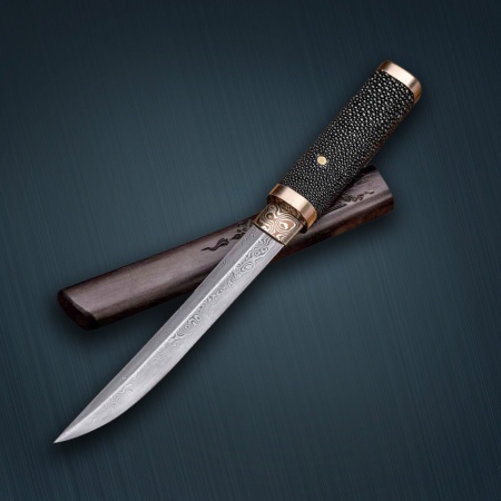 Нож Айкути, дамасская сталь ZDI-1016 кожа ската черная, макасар, фути