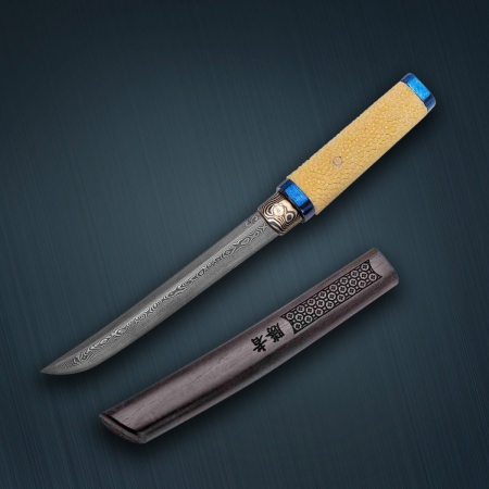 Нож Айкути, дамасская сталь ZDI-1016, кожа ската белая, граб, фути и касира ZlaTi