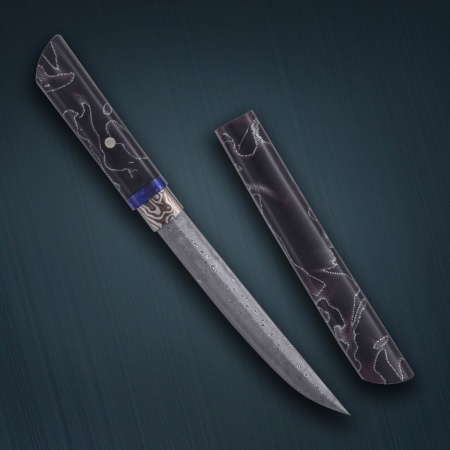 Нож Айкути, дамасская сталь ZDI-1016, композит с алюминиевой микросеткой волны