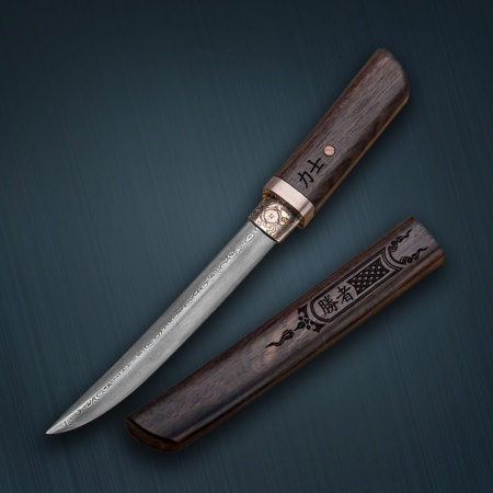 Нож Айкути, дамасская сталь ZDI-1016 макасар, фути и хабаки мокуме гане