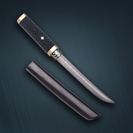 Нож Айкути, дамасская сталь ZDI-1016, кожа ската черная, граб